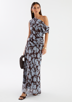 Blue Leaf One-Shoulder Maxi Dress