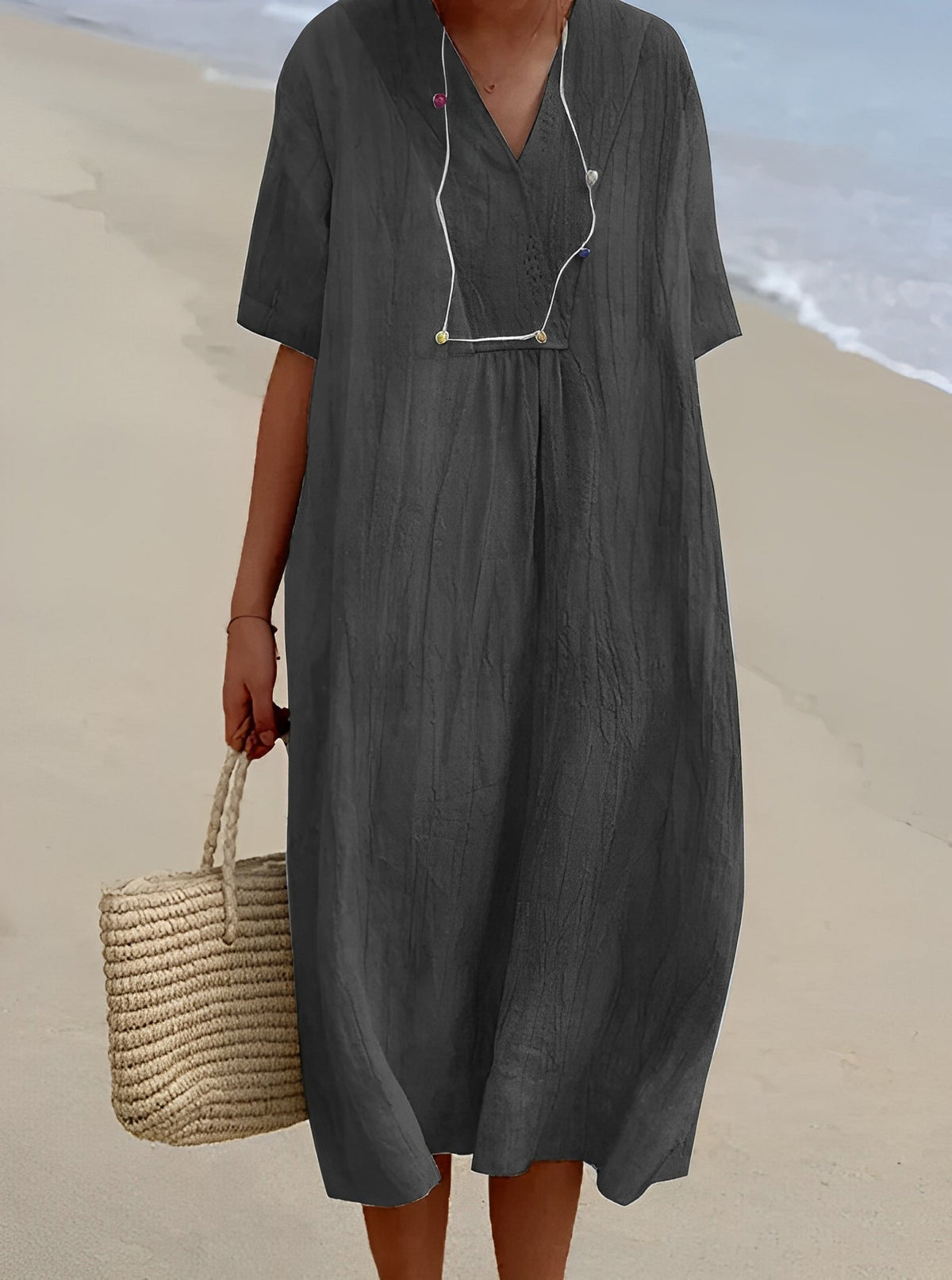 Relaxed Linen V-Neck Midi Dress
