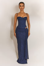 Navy Lace Ruched Maxi Skirt