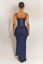Navy Lace Ruched Maxi Skirt