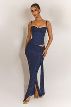 Navy Lace Ruched Maxi Skirt