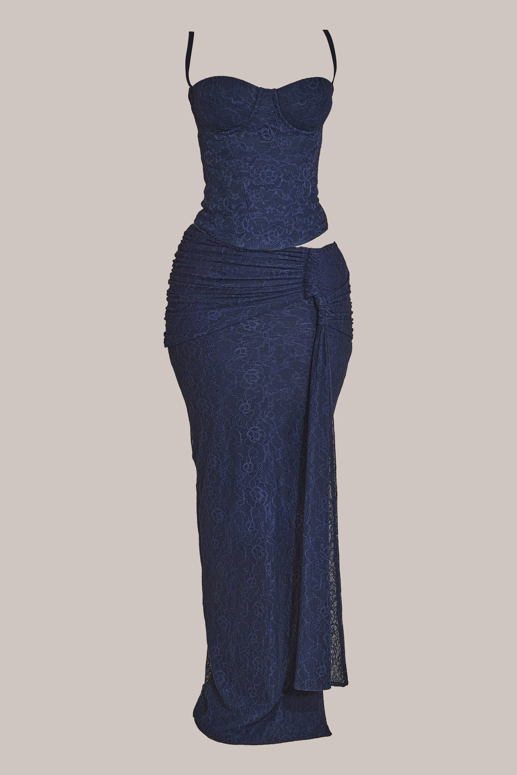 Navy Lace Ruched Maxi Skirt