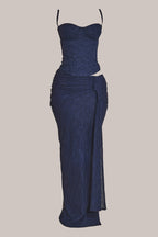 Navy Lace Ruched Maxi Skirt