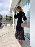 Lace High-Neck Puff-Sleeve Dress