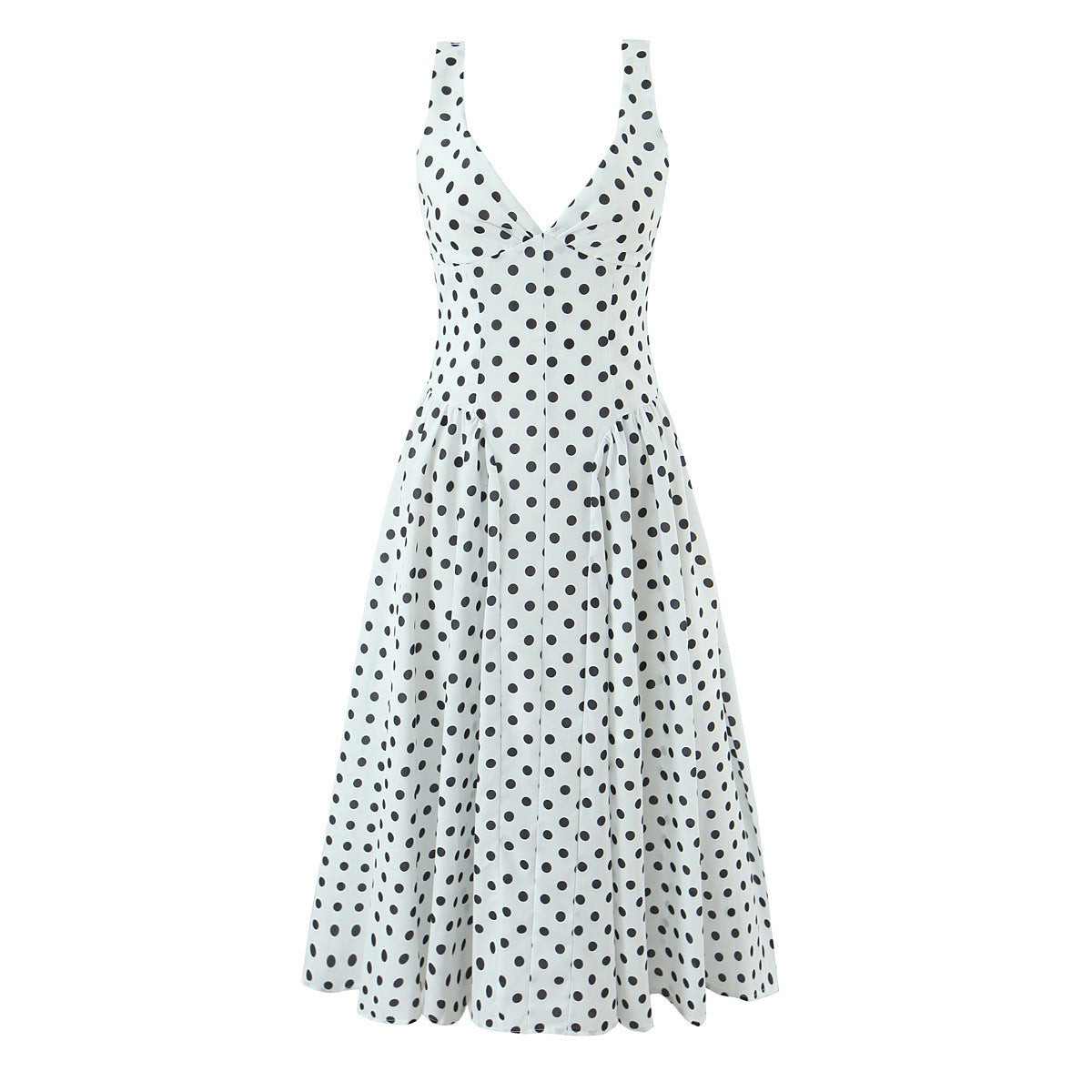 Polka Dot V-Neck Pleated Midi Dress