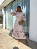 Lace High-Neck Puff-Sleeve Midi Dress