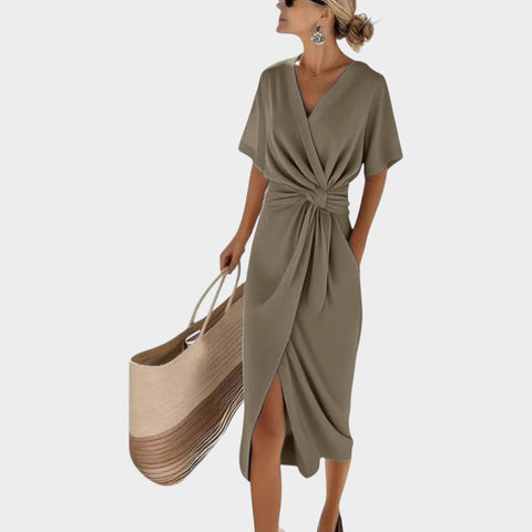 Amara Twist-Front Midi Dress in Khaki by Aurelia Sun