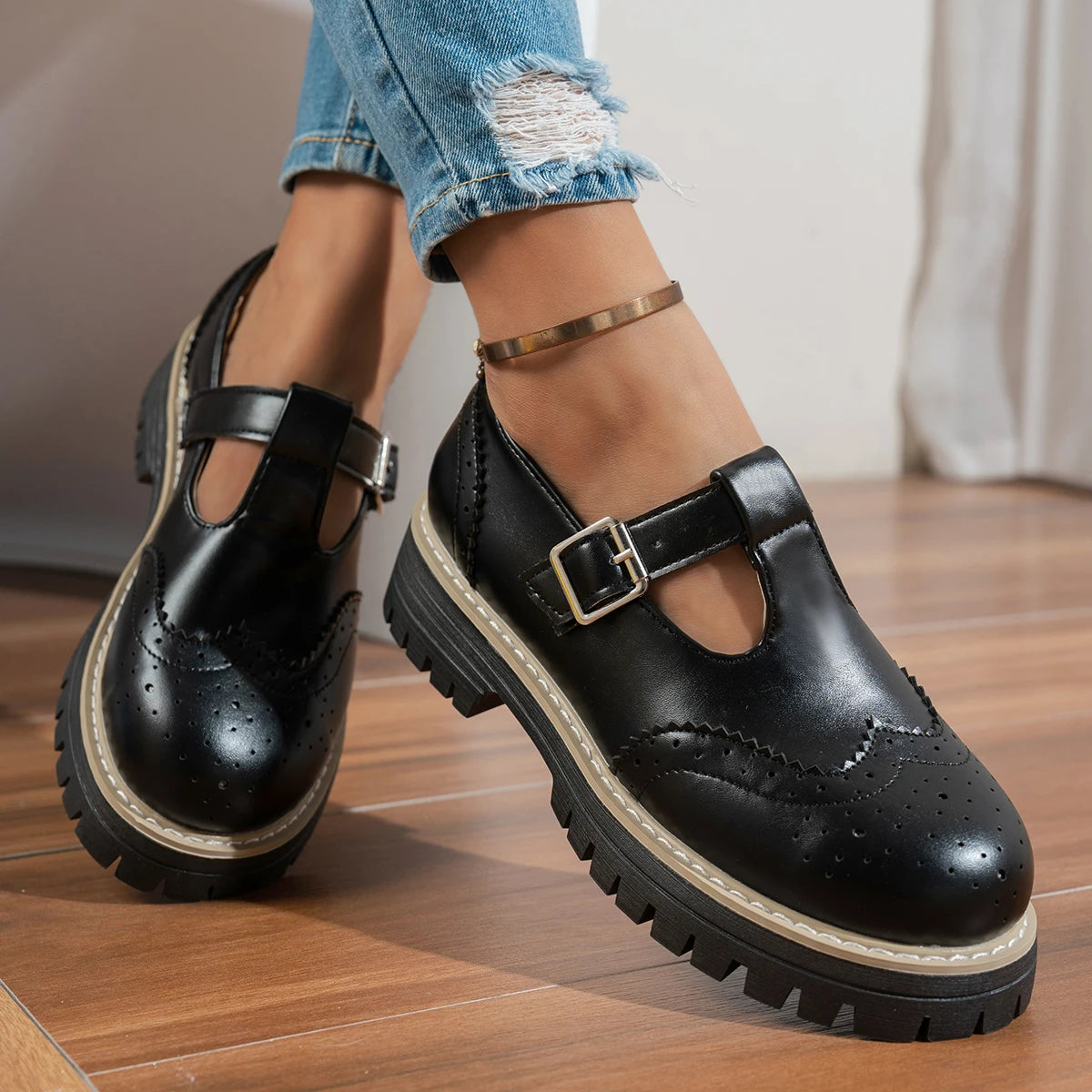 Aurelia Sun T-Bar Brogue Platform Flats – Brown