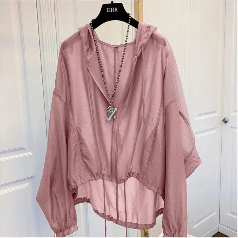 Women's Hooded Summer Sun Protection Zipper Jacket Thin Loose Jacket Breathable Lightweight Clothes Sunscreen Clothing Green