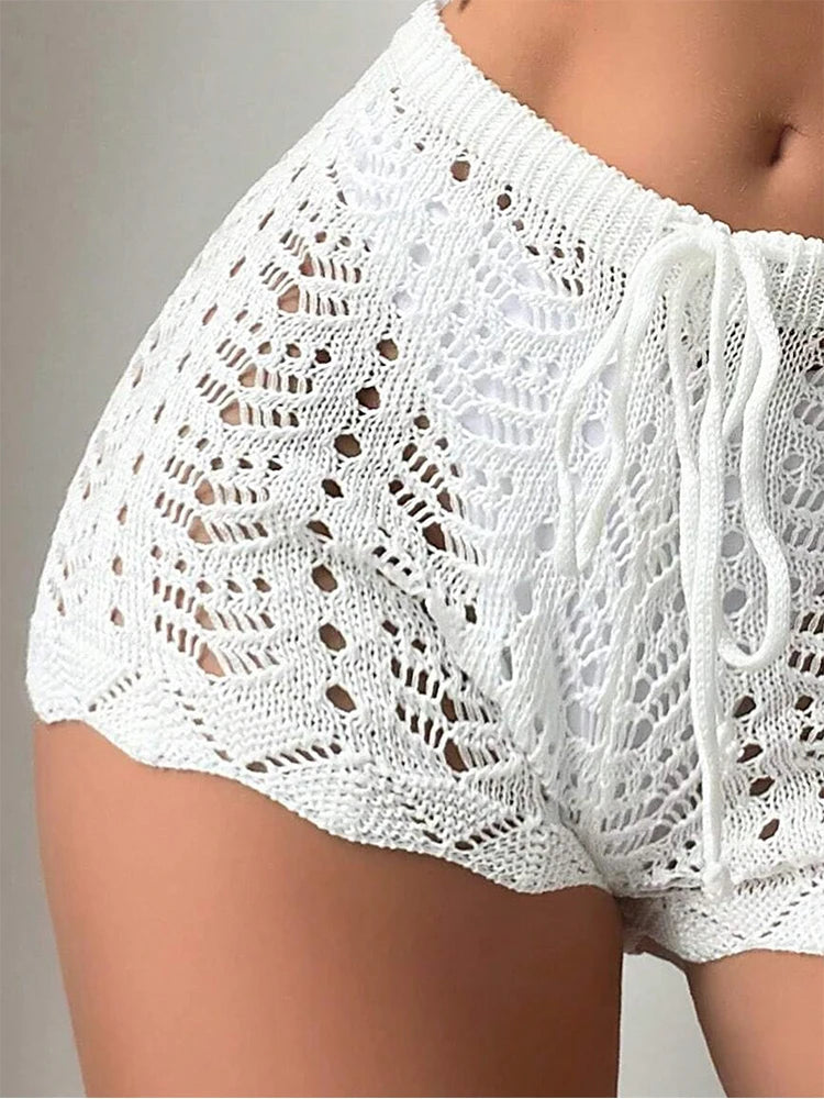Aurelia Sun Crochet High-Waist Drawstring Shorts – Black