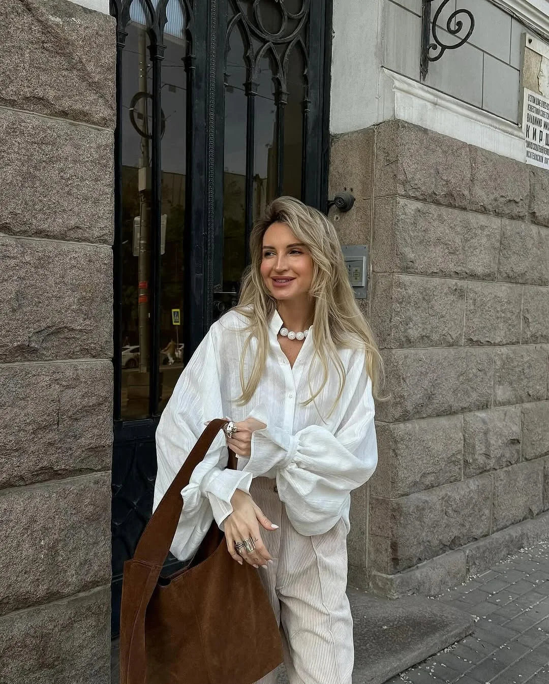 Cotton Button-Up Long-Sleeve Blouse