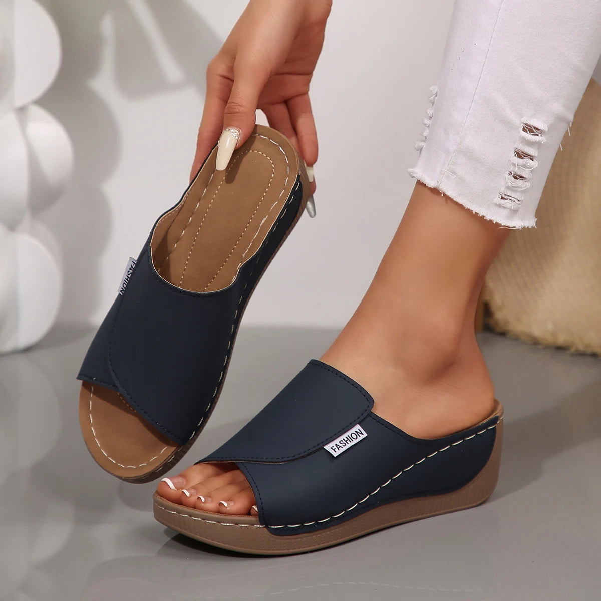 Peep-Toe Platform Wedge Slides