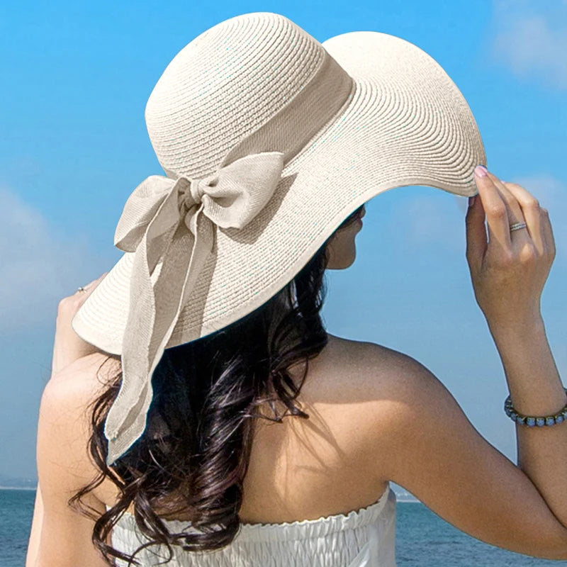 Bow-Trim Floppy Straw Sun Hat