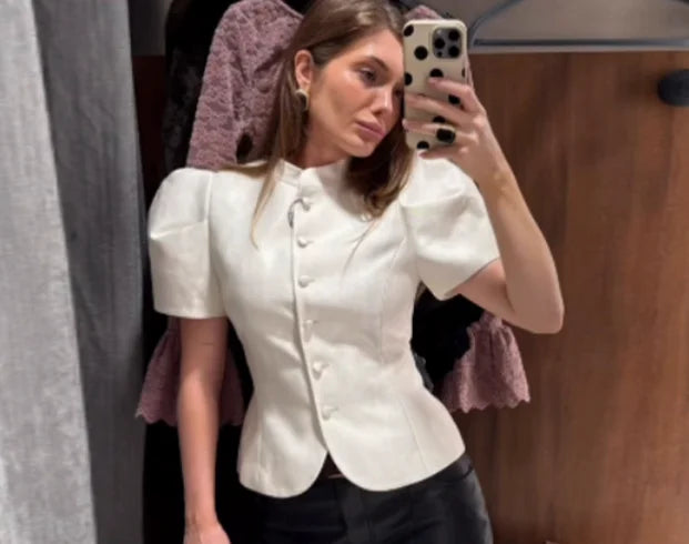 Button-Up Puff-Sleeve Blouse