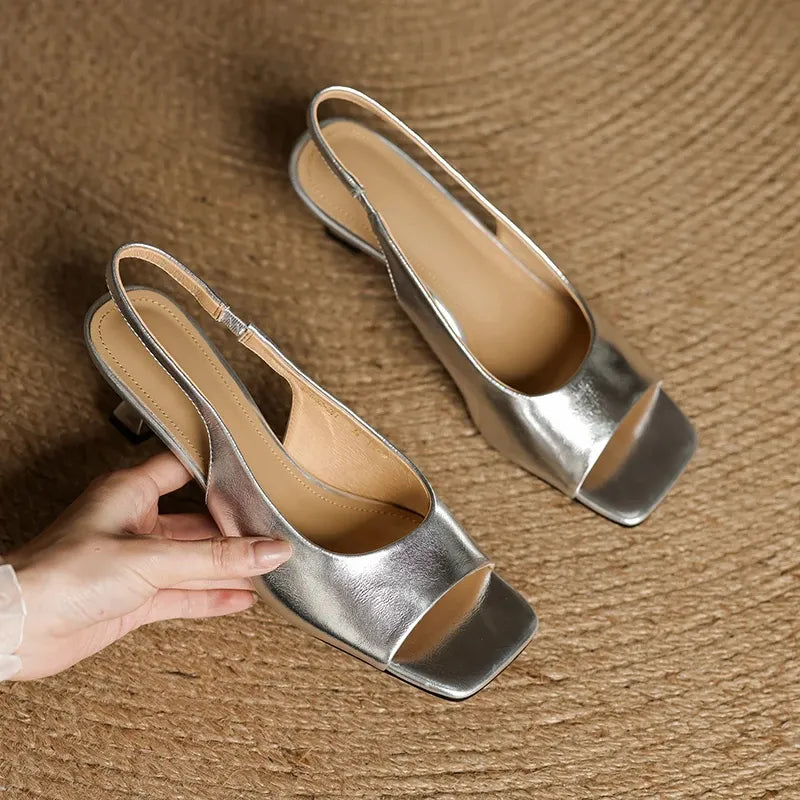 Leather Square-Toe Slingback Heels