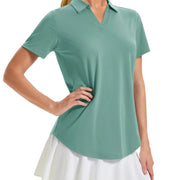 TACVASEN Womens UPF 50+ Sun Protection Golf Polo Shirts Short Sleeve V-Neck Curved Hem Tennis Tops Moisture Wicking Shirts