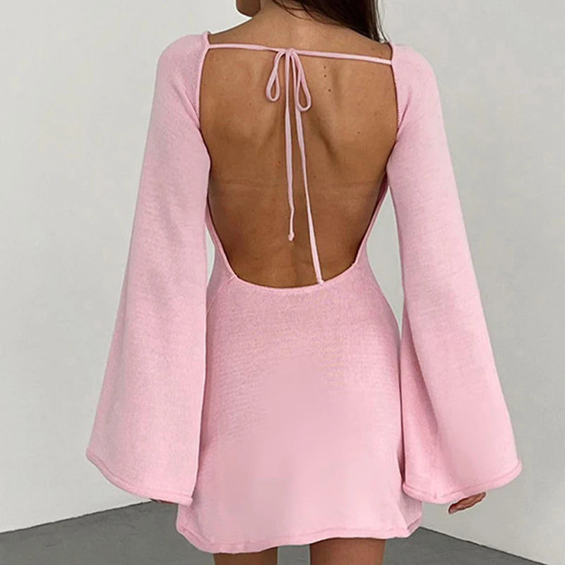 Bell-Sleeve Backless Knit Cover-Up