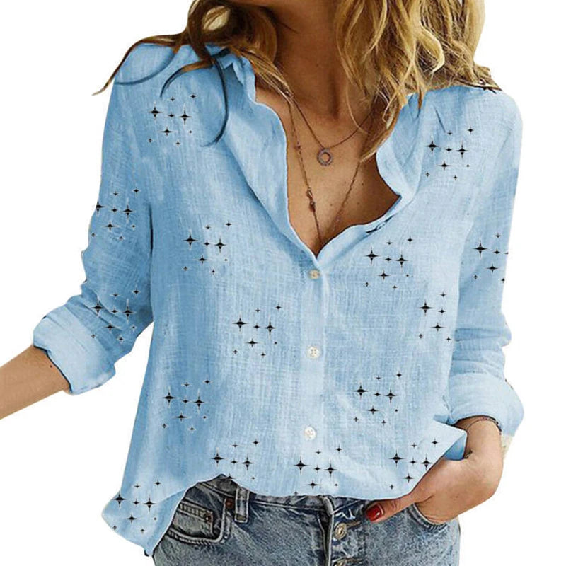 Cotton-Linen Button-Up Long-Sleeve Blouse