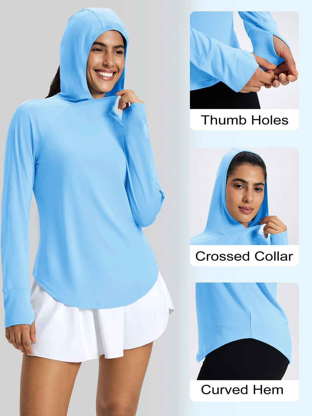 TACVASEN Womens UPF50+Sun Protection Crossed Collar Hoodie SPFUV Shirt Long Sleeve Quick Dry Shirt with Ponytail Hole Thumb Hole