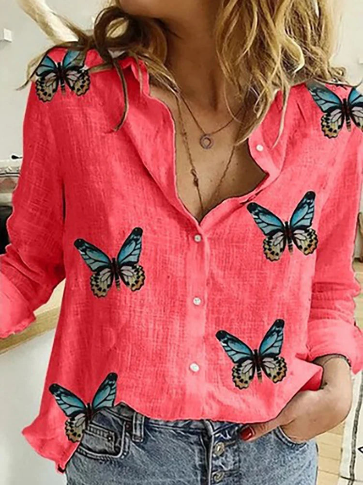 Cotton-Linen Button-Up Long-Sleeve Blouse