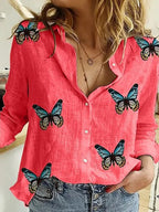 Cotton-Linen Button-Up Long-Sleeve Blouse