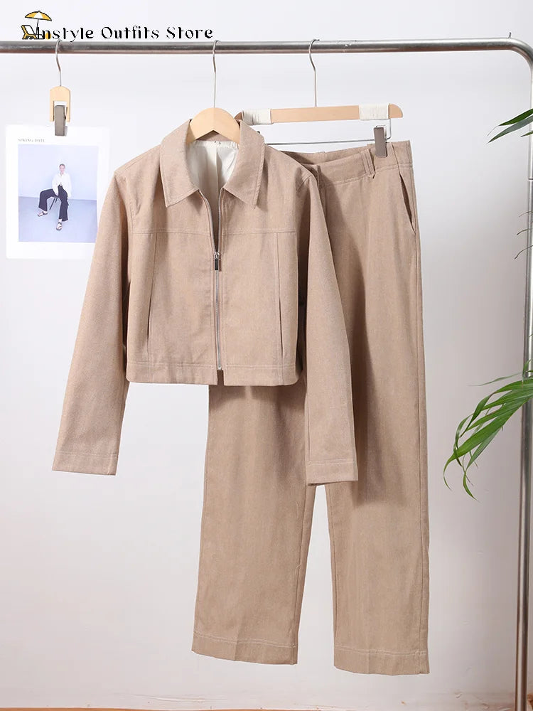 Zip-Collar Crop Top & Straight Pants Set