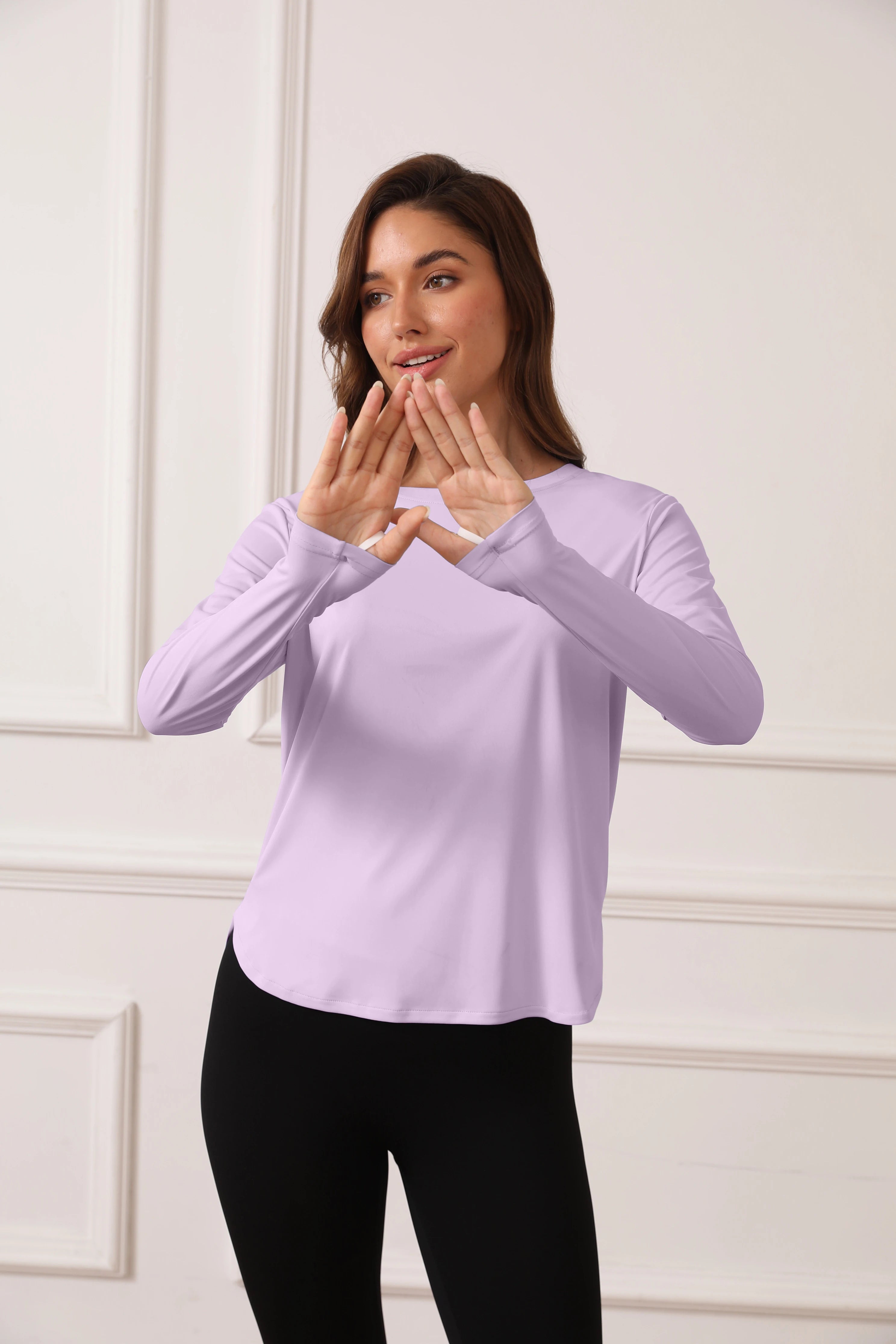 Ladies' curved hem sun-protective shirts, SPF shirts, long-sleeved T-shirts, hiking, fishing, outdoor fitness and running shirts