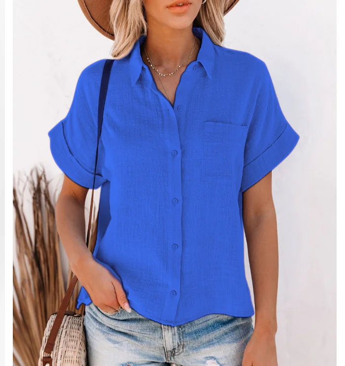 Cotton-Linen Button-Up Short-Sleeve Blouse