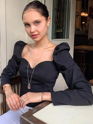 V-Neck Puff-Sleeve Slim-Fit Blouse