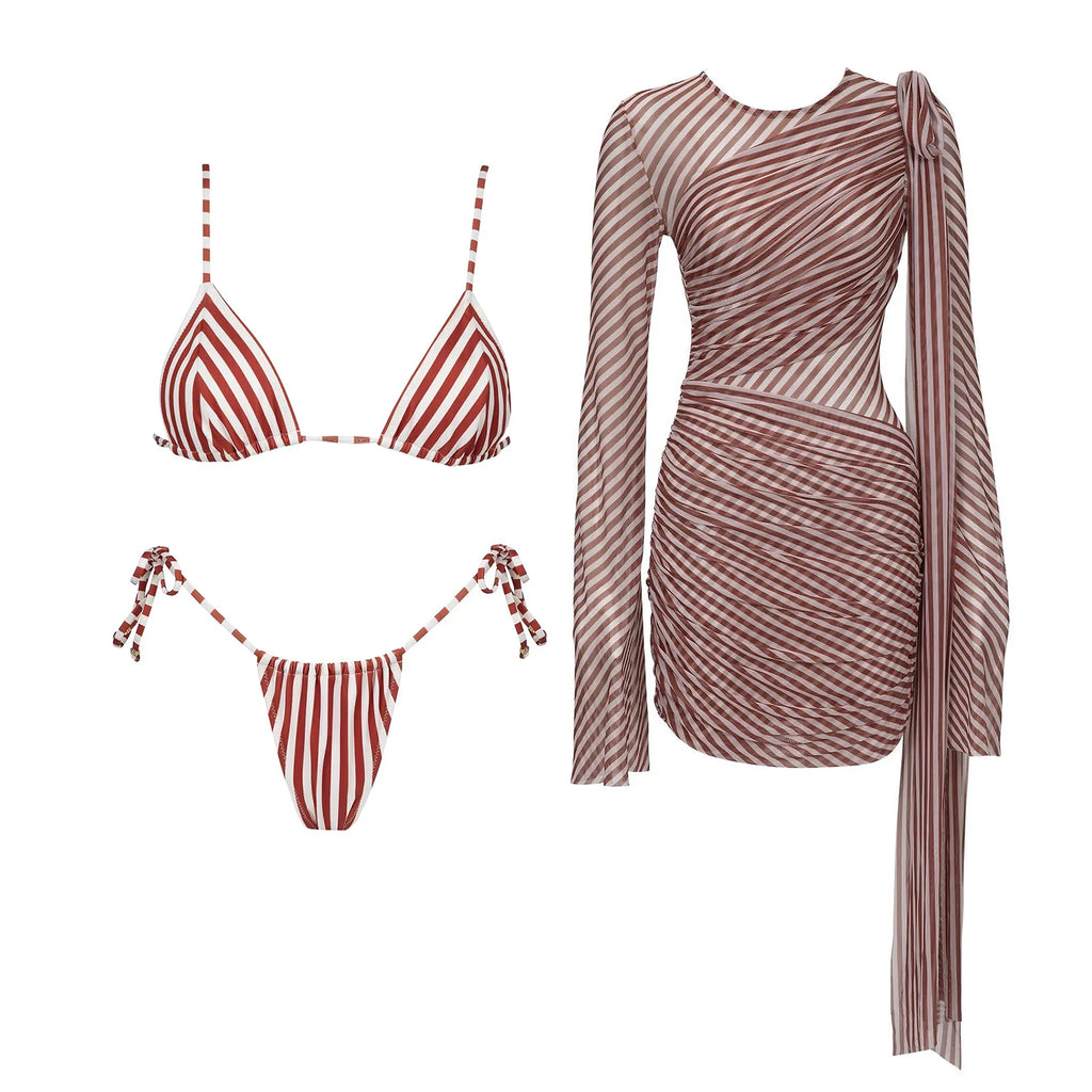 Striped Three-Piece Bandeau Bikini Set