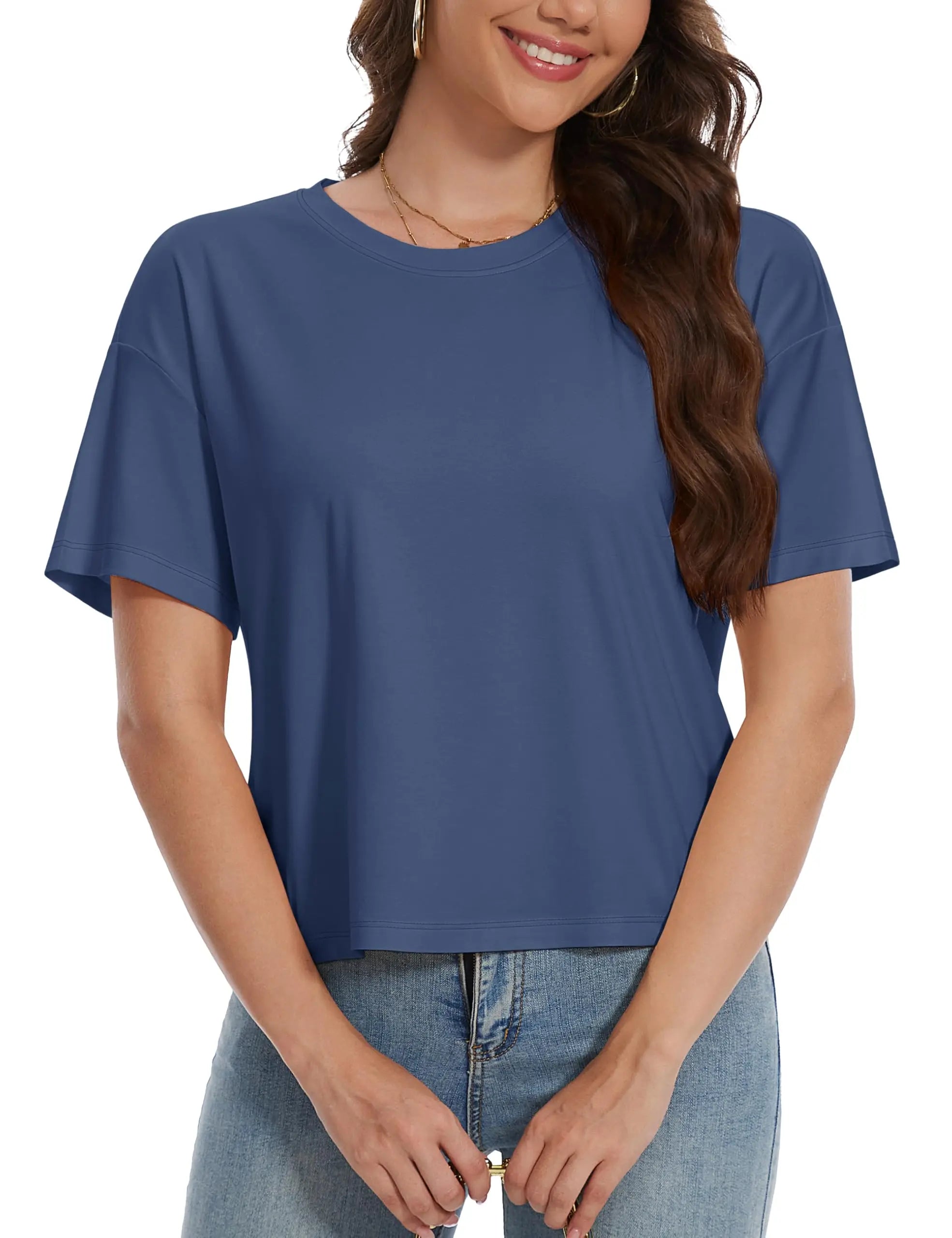 TACVASEN UPF 50+ Cropped Cotton T-Shirts Womens Summer Short Sleeve Casual Crew Neck Tops Breathable Sun UV Block Outdoor Tees