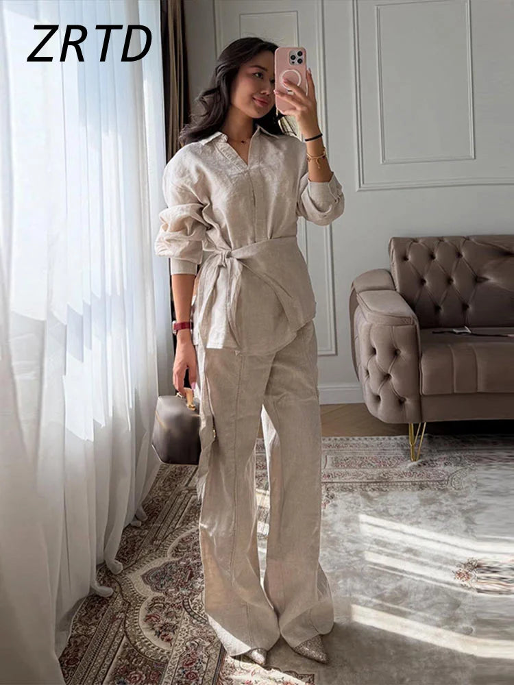 Lace-Up Linen Shirt & Pants Set