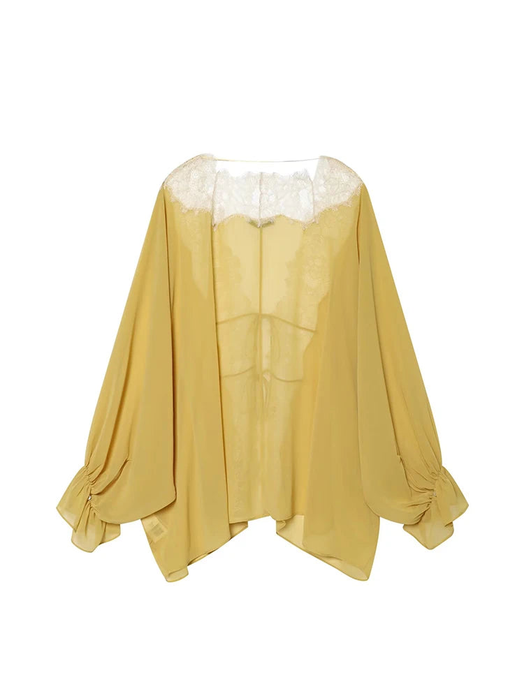 Sheer Lace Tie-Front Blouse