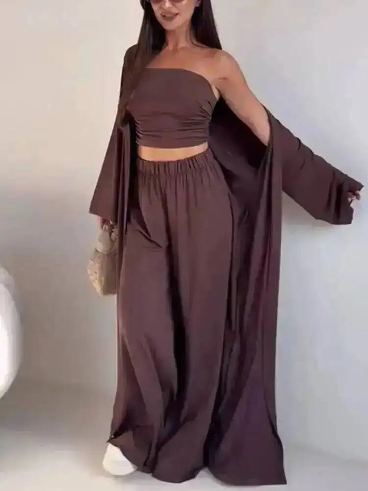 Three-Piece Cardigan & Wide-Leg Pants Set