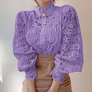 Lace-Panel High-Neck Blouse