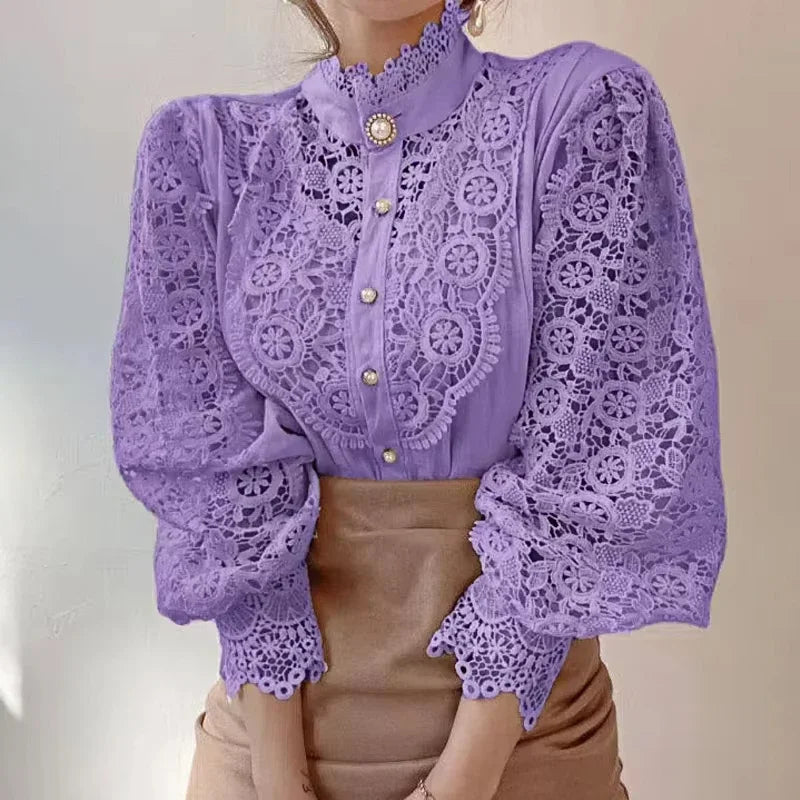 Lace High-Neck Long-Sleeve Blouse
