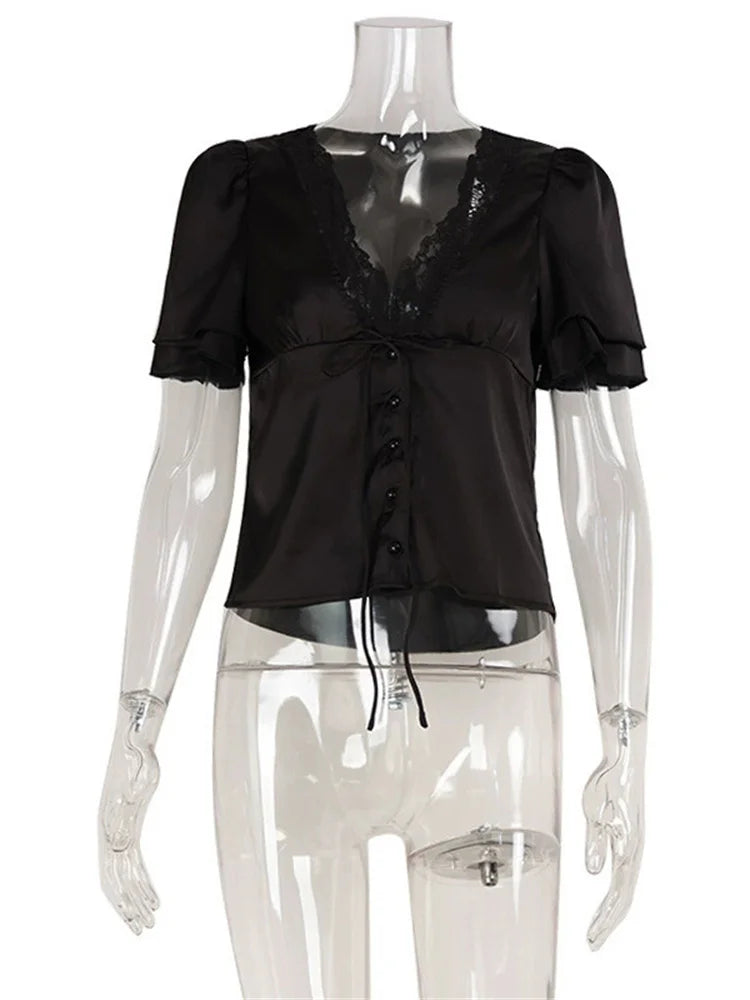Printed Lace V-Neck Crop T-Shirt