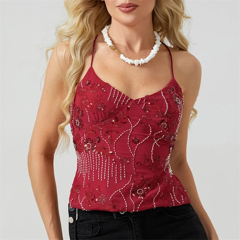 Sequin Pearl Halter Crop Top