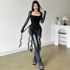 Mesh Ruffle Long-Sleeve Crop T-Shirt