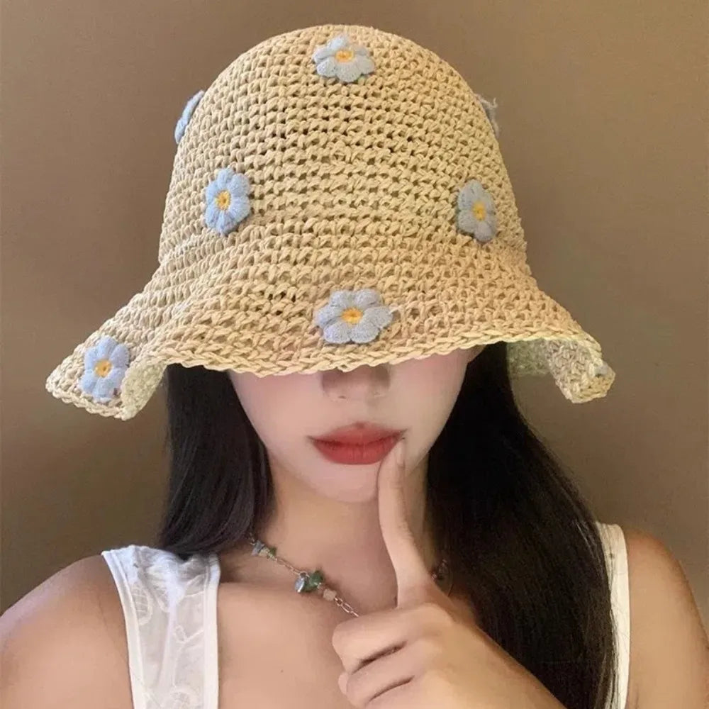 Floral Foldable Straw Bucket Hat