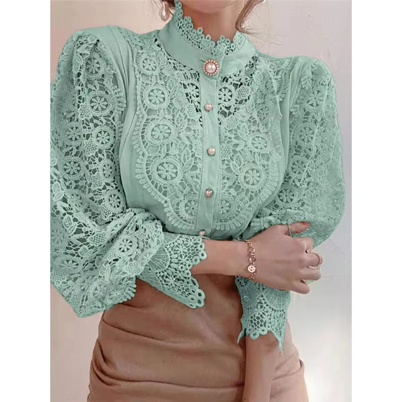 Lace-Panel High-Neck Blouse