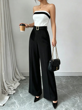 Contrast-Trim Square-Neck Jumpsuit