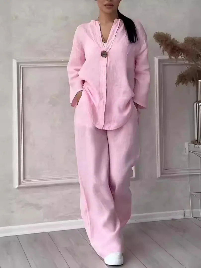 Cotton-Linen Shirt & Wide-Leg Pants Set