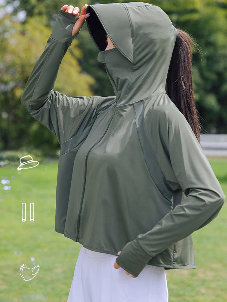 Summer Women's Sun Protective Clothing Breathable Traveling Brim Ponytail Hole Sun Hoodie Detachable Shopping Long-Sleeved Shirt