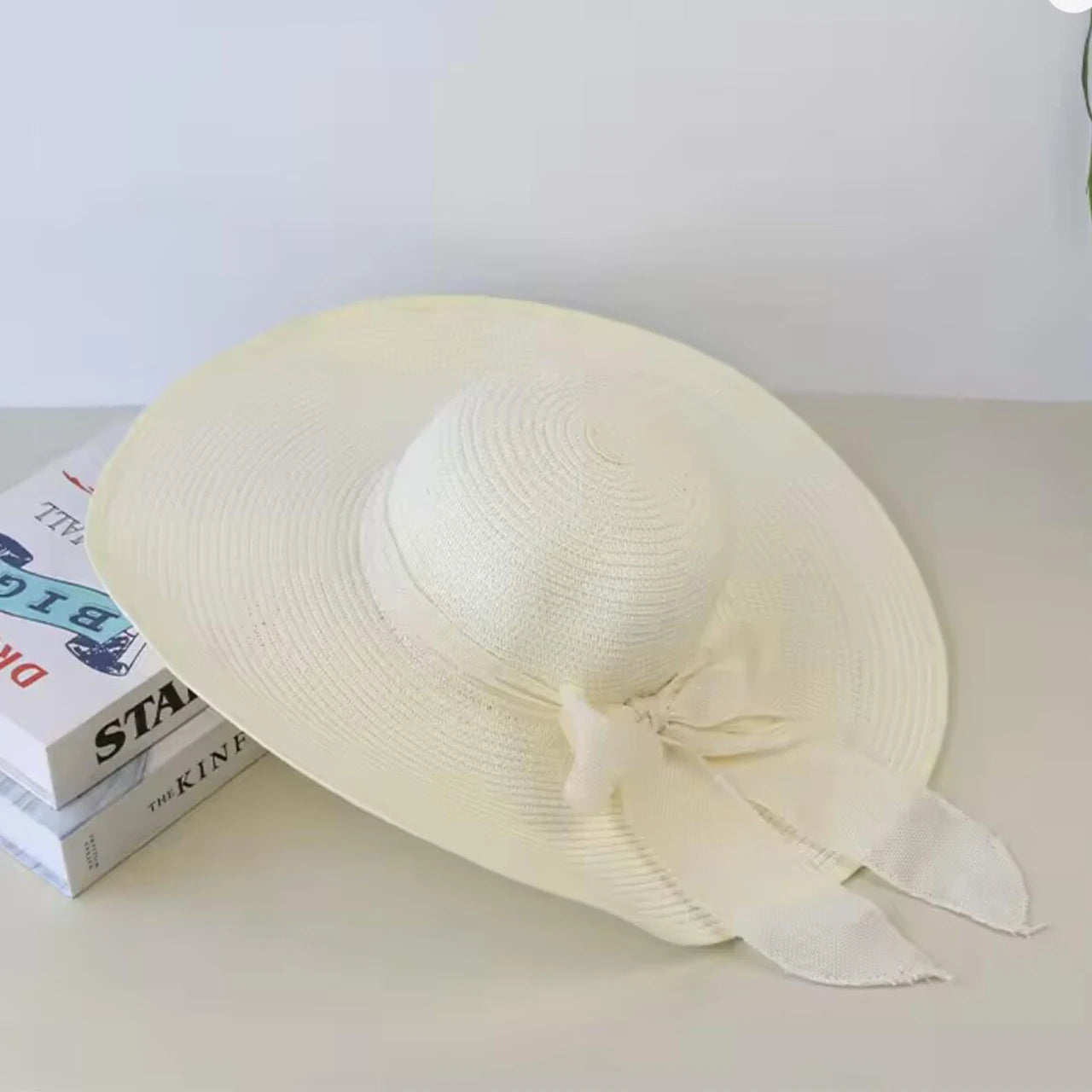 Bow-Trim Floppy Straw Sun Hat