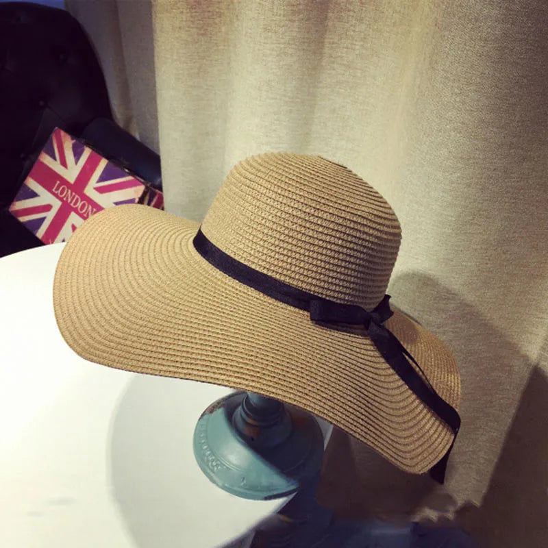 Bow-Trim Floppy Straw Sun Hat