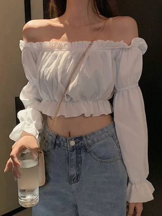 Ruffle Off-Shoulder Puff-Sleeve Crop Top