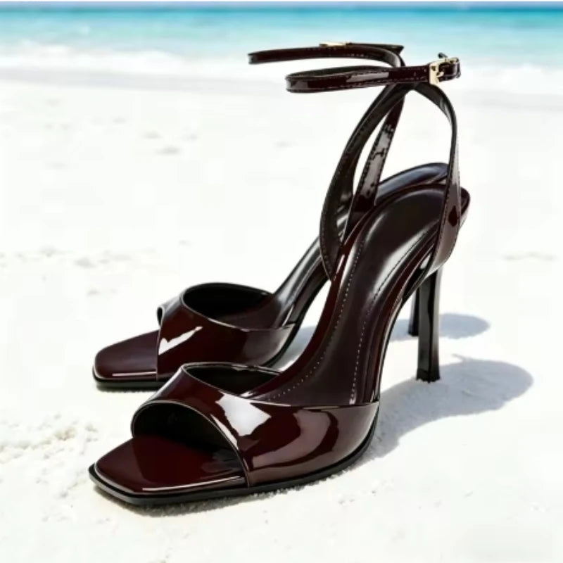 Patent-Look Ankle-Strap Heeled Sandals