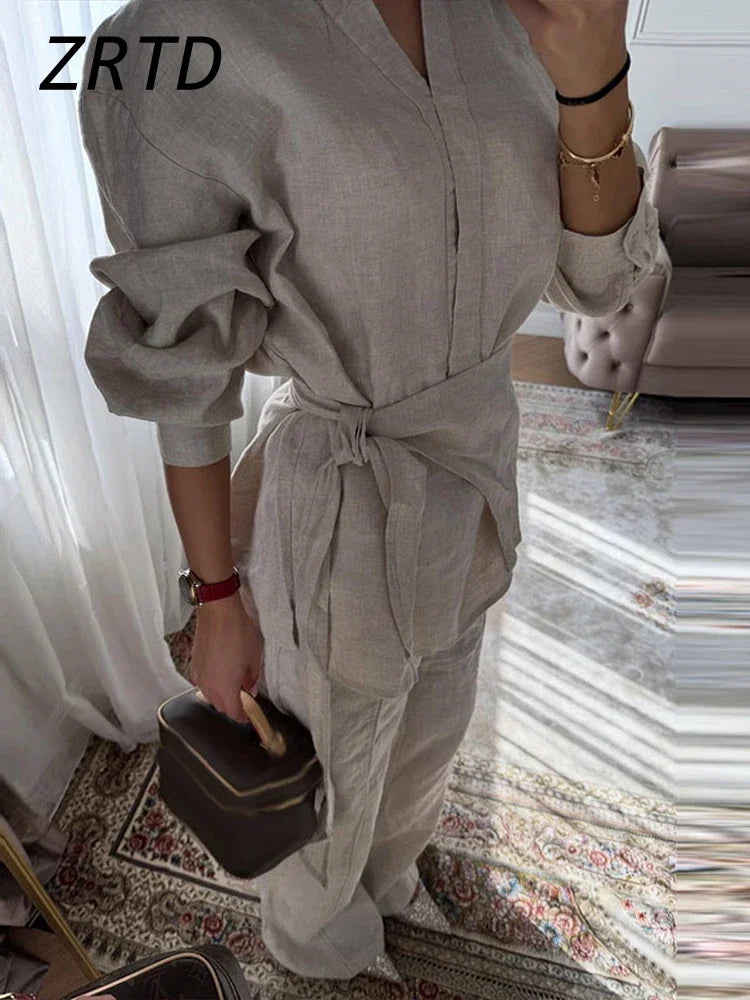 Lace-Up Linen Shirt & Pants Set