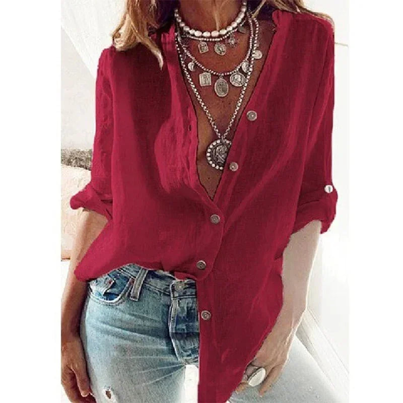Solstice Cotton-Linen Button-Up V-Neck Blouse